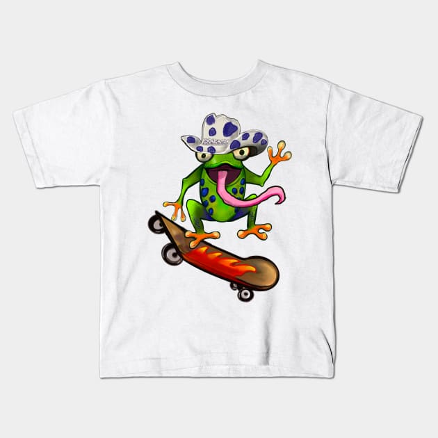 Frog Kawaii Froggy Skateboarding Cute Frog in blue Texas cowboy hat Funny toad toads amphibian tadpole Green Red eyed tree frogs rain forest Lizard dragon zoology gift frog Kids T-Shirt by Artonmytee